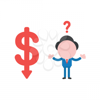 Vector illustration confused businessman character  with red dollar symbol moving down.