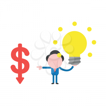 Vector illustration businessman character holding glowing yellow light bulb and pointing red dollar moving down.