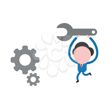 Vector illustration businessman character running and carrying grey spanner to repair gears.