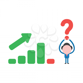 Vector illustration businessman character holding up red question mark with sales bar graph moving up and down.
