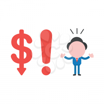Vector illustration businessman character with dollar moving down and exclamation mark.