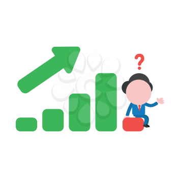 Vector illustration confused businessman character  sitting on sales bar graph moving up and down.