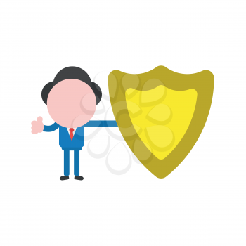 Vector illustration businessman character holding guard shield and giving thumbs up.