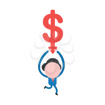 Vector illustration businessman character running and holding red dollar symbol with arrow moving down.