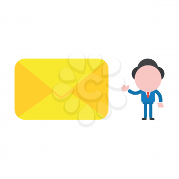 Vector illustration businessman character with closed yellow envelope icon.