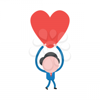 Vector illustration businessman character walking and holding up red heart icon.