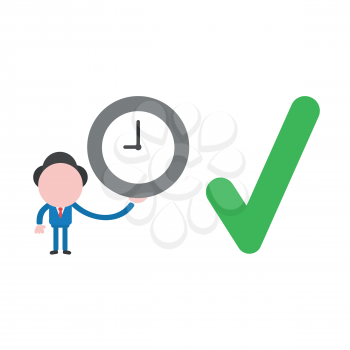 Vector illustration businessman character holding clock with green check mark icon.