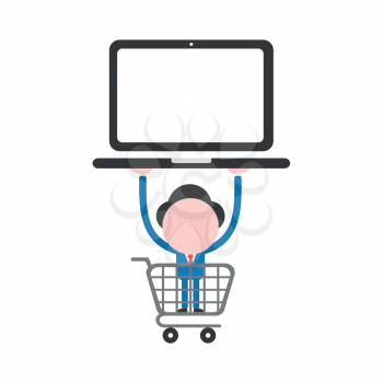 Vector illustration businessman character inside shopping cart and holding up laptop computer.