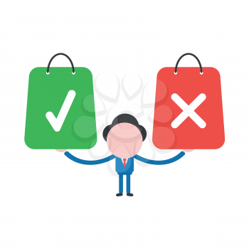 Vector illustration businessman character holding green and red shopping bags with check and x mark symbols.