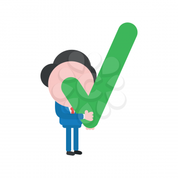 Vector illustration businessman character holding green check mark icon.