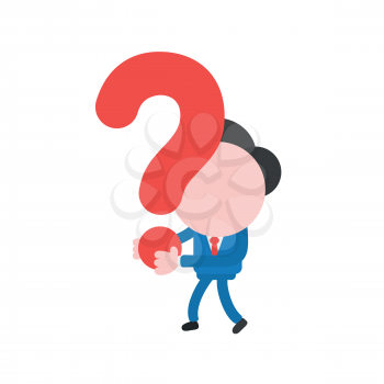 Vector illustration businessman character walking and holding red question mark.