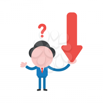 Vector illustration confused businessman character  holding red arrow moving down.