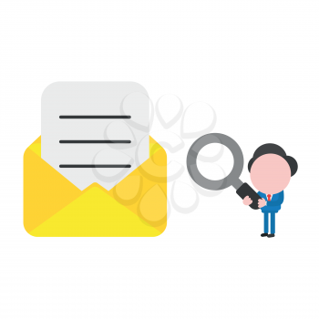 Vector illustration businessman character holding magnifying glass and looking to open envelope with written paper.