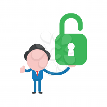 Vector illustration businessman character holding green open padlock and gesturing thumbs up.