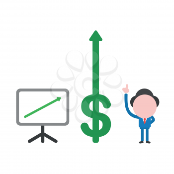Vector illustration businessman character pointing up with sales chart arrow and dollar arrow moving up.