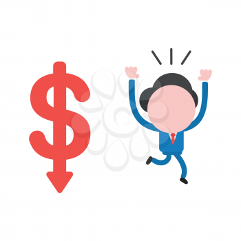 Vector illustration businessman character running away from dollar arrow moving down.