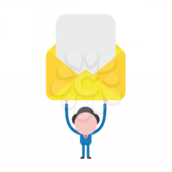 Vector illustration businessman character holding up open envelope with blank paper.