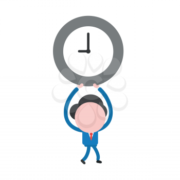Vector illustration businessman character walking and holding up clock time icon.
