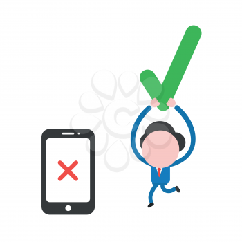 Vector illustration businessman character running and carrying check mark to x mark inside smartphone.
