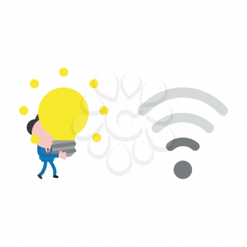 Vector illustration businessman character walking and carrying glowing light bulb idea to wireless wifi with low signal.