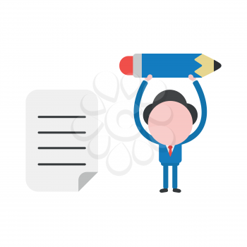 Vector illustration businessman character holding up pencil with written paper.