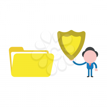 Vector illustration businessman character with open file folder and holding guard shield.