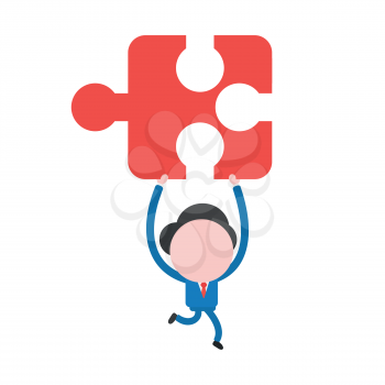Vector illustration businessman character running and carrying missing jigsaw puzzle piece.
