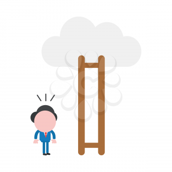 Vector illustration businessman character looking wooden ladder with missing steps to reach cloud.