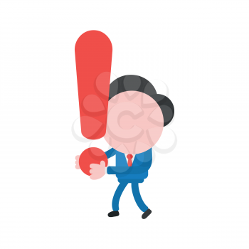 Vector illustration businessman character walking and holding exclamation mark.
