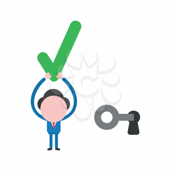 Vector illustration businessman character unlock keyhole with key and holding up check mark.