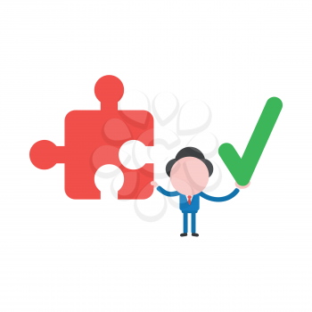 Vector illustration businessman character holding jigsaw puzzle piece and check mark.