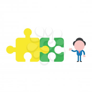 Vector illustration businessman character with two connected jigsaw puzzle pieces.