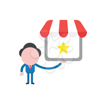 Vector illustration businessman character holding shop store with star.