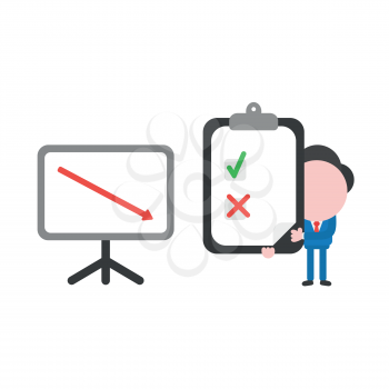 Vector illustration businessman character with sales chart arrow moving down and holding clipboard with check and x marks.