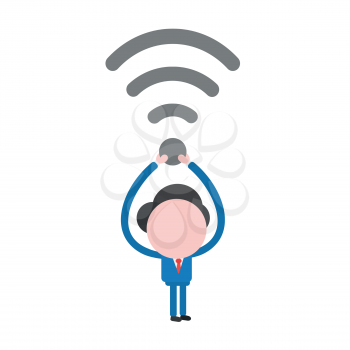 Vector illustration businessman character running and carrying wireless wifi symbol.