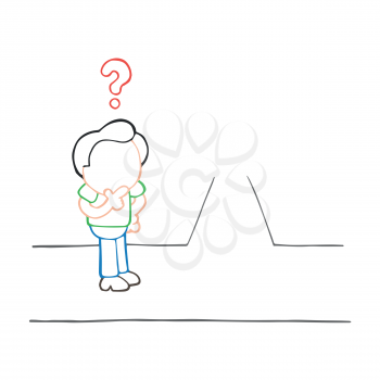 Vector hand-drawn cartoon illustration of confused man on road separation.