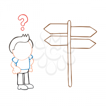 Vector hand-drawn cartoon illustration of confused lost man standing in front of directional sign.