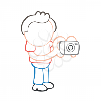 Vector hand-drawn cartoon illustration of photographer man standing shooting with camera.
