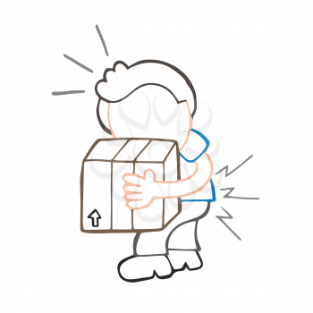 Vector hand-drawn cartoon illustration of man walking carrying heavy box and get pain from backache.