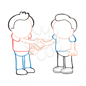 Vector hand-drawn cartoon illustration of two men standing shaking hands.