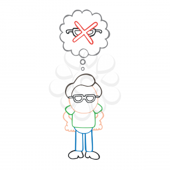 Vector hand-drawn cartoon illustration of man standing dreaming of perfect vision thought bubble.