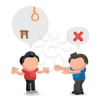 Vector hand-drawn cartoon illustration of men with speech bubble arguing on death by hanging sentence.