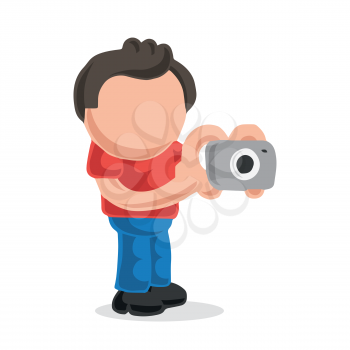 Vector hand-drawn cartoon illustration of photographer man standing shooting with camera.