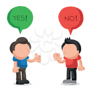 Vector hand-drawn cartoon illustration of two men arguing yes no in speech bubbles.