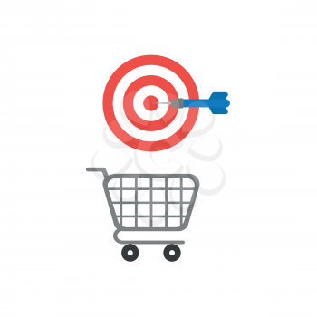 Flat design vector illustration concept of hit the bulls eye target with dart over grey shopping cart symbol icon.