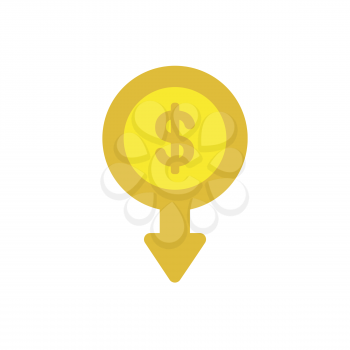 Flat design vector illustration concept of yellow dollar money coin symbol icon with arrow moving down.