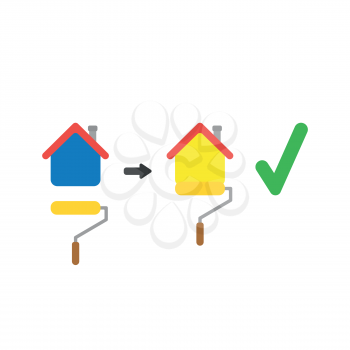 Vector illustration concept of painting house with paint brush roller from blue to yellow color and green check mark.