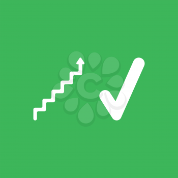 Flat vector icon concept of stairs with arrow moving up and check mark on green background.