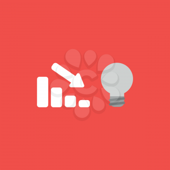 Flat vector icon concept of sales bar graph moving down with grey light bulb on red background.