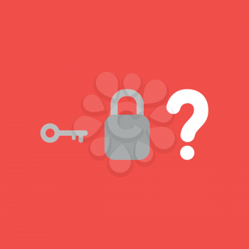 Flat vector icon concept of key, padlock without keyhole and question mark on red background.